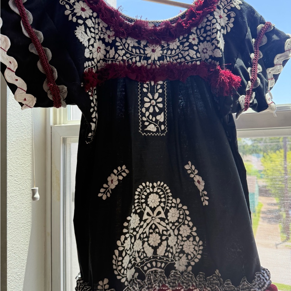 Mexican Style Embroidered Huipil Dress or Top - Black, White & Maroon